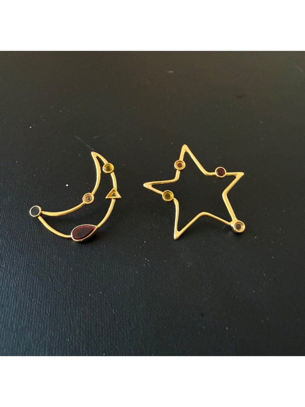 Gold-Plated Sterling Silver Star & Moon Earrings Gem Accents